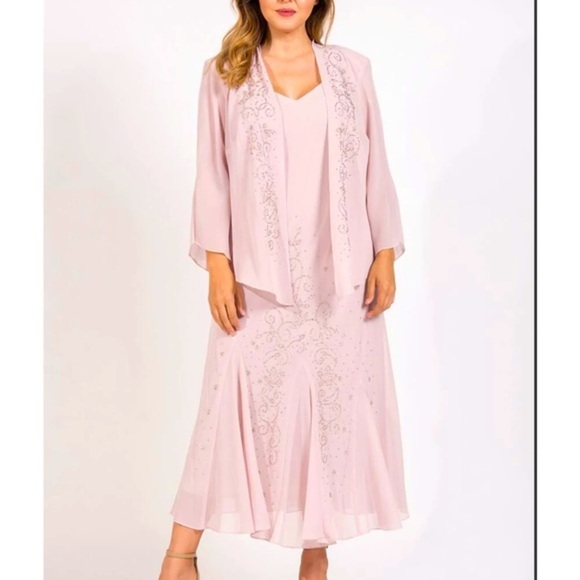 Women's Formal Dress Size 14 Blush Pink Chiffon Beaded 2pc Jacket R&M Richards - Picture 1 of 6